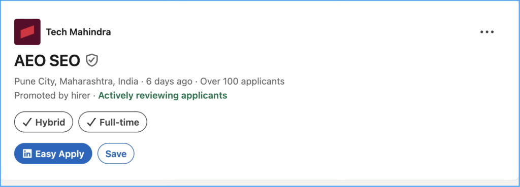 AEO SEO Tech Mahindra Digital Marketing Job June 2026